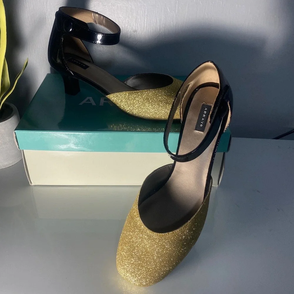 Array Charlie Gold Glitter Black Patent Ankle Strap Kitten Heels‎ 11M